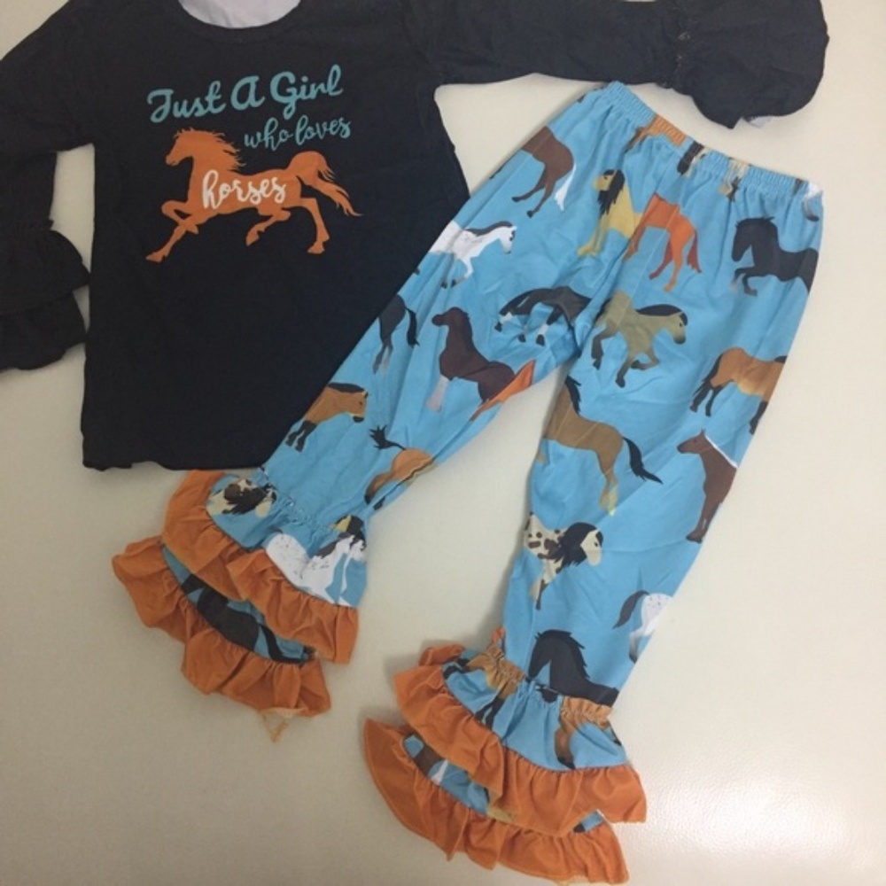 Boutique Horse Ruffle cute girl pants set - Picture 2 of 6